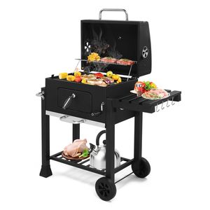 Griglia a Carbone in Porcellana con Tavolo Laterale Pieghevole e Ruote per Barbecue e Picnic all'Aperto - Product Image 6