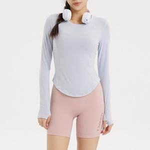 T-shirts de sport hautement élastiques avec logo personnalisé, hauts d'entraînement à manches courtes, crop top de gym sans coutures, t-shirt de yoga fitness pour femmes - Product Image 6