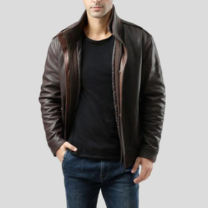 Mens Chocolate Brown <b>Leather</b> <b>Jacket</b> Textured Genuine Cowhide Coat Stand Collar Slim Fit Rugged Casual Winter Outerwear - Product Image 1