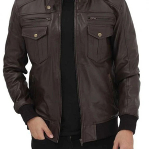 Veste de moto pour homme en cuir PU marron imperméable et coupe-vent, col rabattable, fermeture éclair, coupe régulière, couleur unie, automne-hiver - Product Image 1