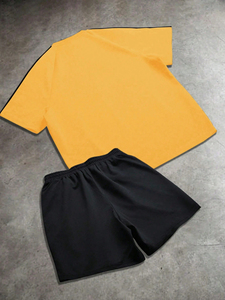 Conjunto Deportivo para Hombre, Camiseta Amarilla de Cuello Redondo y Manga Corta, Pantalones Cortos Negros con Cintura Elástica, Tejido de Poliéster de Secado Rápido, Ropa de Verano - Product Image 2