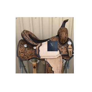 Selle de course de baril en cuir brun style western, motif floral gravé à la main, siège rembourré doux, ensemble de harnais avec fixations SS, 10-18 pouces LLT - Product Image 2