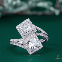 Elegante Anillo de Dos Piedras con Corte Princesa y Halo, Anillo de Compromiso de Lujo en Oro de 9K, 10K, 14K y 18K, Certificado IGI D