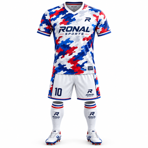 Maillot de football sublimé RONAL SPORTS pour homme – Ensemble blanc, bleu, rouge imprimé, respirant, à manches courtes – Tenue de football pour adulte - Product Image 1