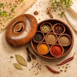 Natural Wooden Masala <b>Box</b> With Spoon And Partition Design For Indian Spice <b>Storage</b> And Kitchen Organization - Product Image 2