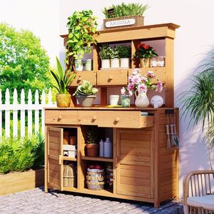 Tavolo da Giardino Alto 65.7FT con 3 Ripiani e Vetrina, Video di Montaggio Fornito, Stazione di Lavoro per Patio con 6 Cassetti - Product Image 1