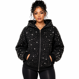 Sudaderas con cremallera de diamantes de imitación a la moda, con cristales brillantes, estilo urbano, extragrandes, de invierno, con logo personalizado, antiarrugas, fabricante OEM - Product Image 4