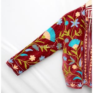 Women's Velvet Embroidered Jacket Handcrafted Floral Pattern Bohemian Style Full Sleeve Turn-down Collar Autumn Wear - Product Image 2