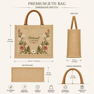 Bolsa de Yute Premium con Bordado Floral, Bolsa de Compras Reutilizable Ecológica, Estilo Bohemio, Diseño Natural, para la Playa o Uso Diario - Product Image 2