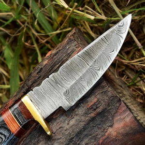 Couteau à dépecer Black Smith 1987, lame fixe en acier Damas de qualité industrielle, fabrication artisanale, 8 pouces, pointe tombante, manche en bois, étui en cuir - Product Image 4