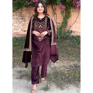 TENDANCE VISCOSE VELOURS BRODERIE SÉQUENCE TRAVAIL HAUT BAS AVEC DUPATTA VIN - Product Image 1