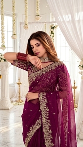 AARA Fashion Purple Embroidered Silk <b>Saree</b> <b>Blouse</b> Women Wedding Traditional Indian Pakistani Style Floor-Length Regular Fit Sun - Product Image 4