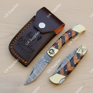 Cuchillos Plegables EDC de Acero de Damasco de Alta Calidad, Forjados, con Hoja de 3.5 Pulgadas, Mango de Madera y Latón, para Campamento y Actividades al Aire Libre, con Funda de Cuero, OEM/ODM - Product Image 2