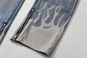 Jeans de Diseñador para Hombre BEST ROCK INTERNATIONAL, Estilo Hip Hop Pop con Estampado de Llamas, Corte Recto, 100% Algodón, Transpirables, Cintura Media, Verano, Personalizados - Product Image 3
