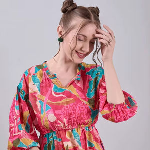 Vestido Casual Hecho a Mano para Mujer, Estilo Formal para Fiesta, Corte en A, Cuello en V, Estampado Floral, Georgette Natural Ecológico - Product Image 1