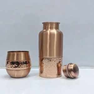 Copper Water Bottle 1 Liter Hammered Leak Proof <b>Drinkware</b> Handcrafted Copper Flask for Travel Office Outdoor - Indian home Craft - Product Image 3