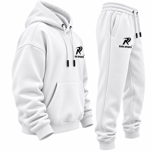 Ensemble de survêtement pour homme en coton/polyester avec capuche et cordon de serrage, logo sur le devant, blanc, pour l'hiver, jogging, sweat-shirt, pantalon de survêtement pour la salle de sport - Product Image 3