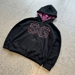 Sudadera con capucha y cremallera SG con estampado geométrico para hombre, corte holgado, color negro, tejido French Terry, informal, para invierno. - Product Image 5