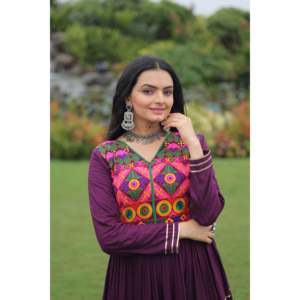 A-Line Party Gown with Mirror Work and <b>Gota</b> Lace for Women - Product Image 1