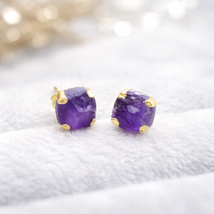 Natural Raw <b>Amethyst</b> <b>Stud</b> <b>Earring</b> Gold Electroplated Prong <b>Stud</b> Handmade Gemstone Jewelry Gift for Women - Product Image 1