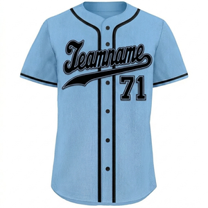 Camiseta de béisbol personalizada con estampado sublimado, nombre del equipo, número, botones, poliéster, uniforme deportivo atlético, camiseta azul cielo y negra - Product Image 1