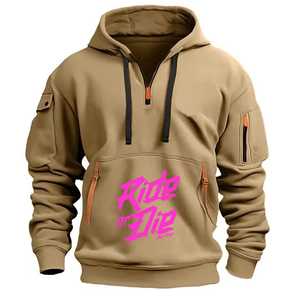 Sudadera con capucha y media cremallera para hombre, corte regular, de algodón tejido, con diseño de bolsillo y estampado 'Ride Or Die', estilo casual para otoño - Product Image 4