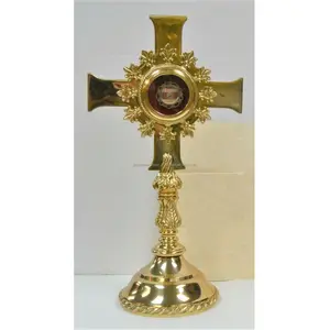 Handmade Brass Reliquary With Shiny Polish Finishing Round Shape Cross Design Excellent Quality For Display Wholesale Price