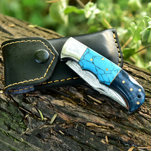 Couteau de poche en acier Damas à prix de gros, couteau pliant de camping avec manche en bois, vente en gros avec étui en cuir - Product Image 3
