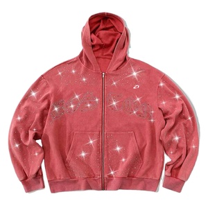 Sudaderas con capucha de algodón tipo felpa con cremallera, lavado vintage, gráfico con pedrería, estilo urbano, personalización de marca, ropa casual, suministro al por mayor - Product Image 1
