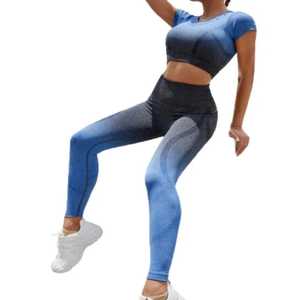 Conjunto de Yoga para Mujer, Top Corto con Degradado de Color, Leggings de Cintura Alta, 2 Piezas, Spandex, Poliéster, Ropa Deportiva sin Costuras - Product Image 5
