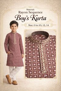 Kurta en rayonne à sequins pour garçon, imprimé floral marron et blanc, tenue ethnique traditionnelle, longueur cheville, coupe régulière, vêtements pour enfants de 0 à 14 ans - Product Image 2