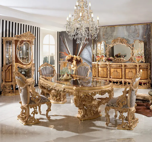 Ensemble de table à manger ovale en teck doré royal de luxe, style européen classique, sculpté, écologique, meubles de salle à manger pour hôtel, fabriqué en Indonésie - Product Image 1