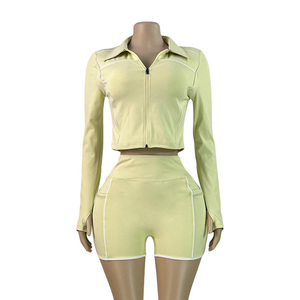 Women's Two Piece Fitness Zipper <b>Jacket</b> And Shorts Set Casual Skinny Fit Full Sleeve Zipper Top & Shorts Sports <b>Yoga</b> Set - Product Image 1