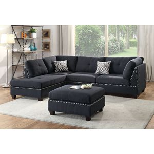 Set Divano Sezionale a 3 Pezzi in Polifibra Nera con Chaise Longue Reversibile, Pouf e Cuscini per Soggiorno - Product Image 1