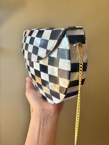 Handmade Resin <b>Clutch</b> Bag Chain Strap Shoulder <b>Purse</b> <b>Black</b> White Checker Pattern Wedding Party Gift - Product Image 2