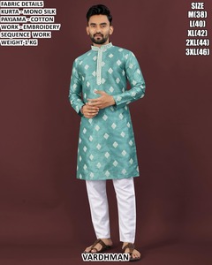 Kurta en soie verte pour homme VARDHMAN avec pyjama en coton brodé, tenue traditionnelle indienne, coupe classique - Product Image 2