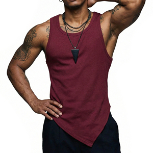 Camiseta sin mangas deportiva para hombre con logo personalizado, corte ajustado, cuello redondo y bajo elegante, al por mayor - Product Image 5