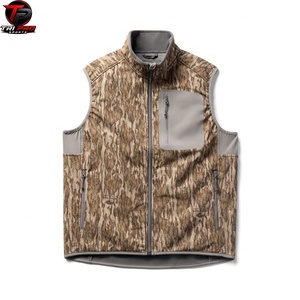 Men Outdoor Softshell <b>Utility</b> <b>Vest</b> High Neck Stand Collar Full Zip Grey Contrast Patch Chest Zipper Pocket Tree Bark Print <b>Vest</b> - Product Image 1