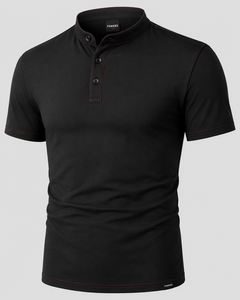 Camisa de Hombre Fawkes Negra de Manga Corta, Tejida, de Lona, con Cierre de Botones y Detalle de Costuras Rojas, Transpirable y Superventas - Product Image 1