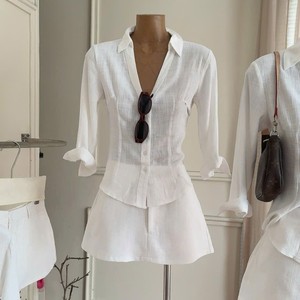 High Quality OEM ODM <b>Women's</b> Casual Solid White V-Neck Shirt <b>Skort</b> 2-Piece Set Breathable Quick Dry 100% Polyester Oxford Fabric - Product Image 3