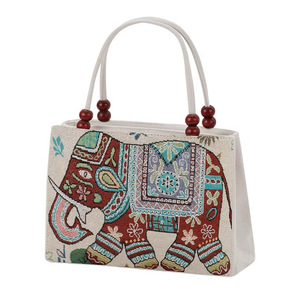 Bolso de Lona Vintage con Estampado de Elefantes, Asas de Correa con Cuentas, 28x21x9cm, Multicolor, Doble Abertura Superior - Product Image 4