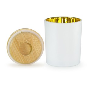 Classic design White matte glass wood candle jar with gold inner coating <b>bamboo</b> lid candle <b>container</b> offer customization options - Product Image 5