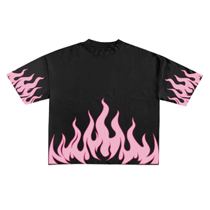 Men's Black Short Sleeve T-<b>Shirt</b> With Pink <b>Flame</b> Print Oversized O-Neck Street Style Jersey Cotton <b>Shirt</b> - Product Image 6