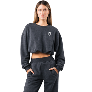 Sweat-shirt court à col rond pour femme, noir chiné, en molleton doux, à manches longues, décontracté, pour le sport et les loisirs, à porter au quotidien - Product Image 1