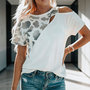 Hot sale on Temu fashion cow print patchwork cold shoulder t shirt casual crew neck short sleeve tops - Product Image 3