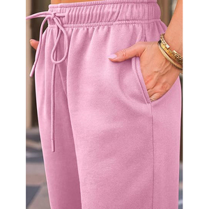 Pantalon de survêtement ample en molleton uni pour femme, taille basse, avec cordon élastique, ourlet ouvert, jambe large, décontracté - Product Image 5