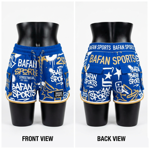 Shorts de spandex para mujer, azules con estampado de grafiti dorado, cintura elástica, bolsillo cargo, logotipo personalizado, sublimación, shorts para mujer - Product Image 5