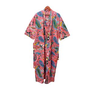 Bata Kimono de Algodón con Estampado Floral Paisley Rosa, Cuello en V, Manga Larga, Bata de Estar por Casa, Bata de Baño, Bata de Spa con Bolsillos - Product Image 1