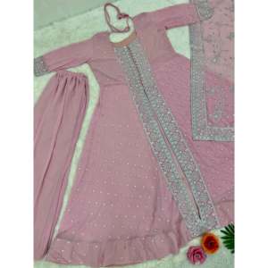 Ensemble chic en mousseline de soie pour soirée, composé d'un haut, d'un sharara et d'un dupatta, manches trois-quarts, avec broderies élégantes. - Product Image 4