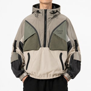 Wholesale Color block Anorak <b>Men</b> Half Zip <b>Utility</b> Windbreaker Technical Streetwear <b>Jacket</b> Adjustable Cuffs Cargo Pocket Hoodie - Product Image 3